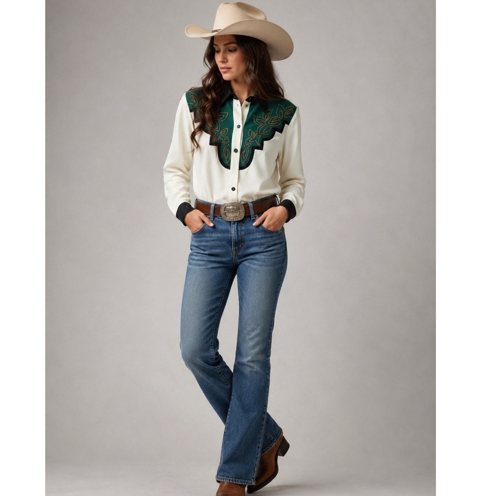Karen McCarty Womens Vintage XS Button Down Shirt Western Embroidery Cream Green